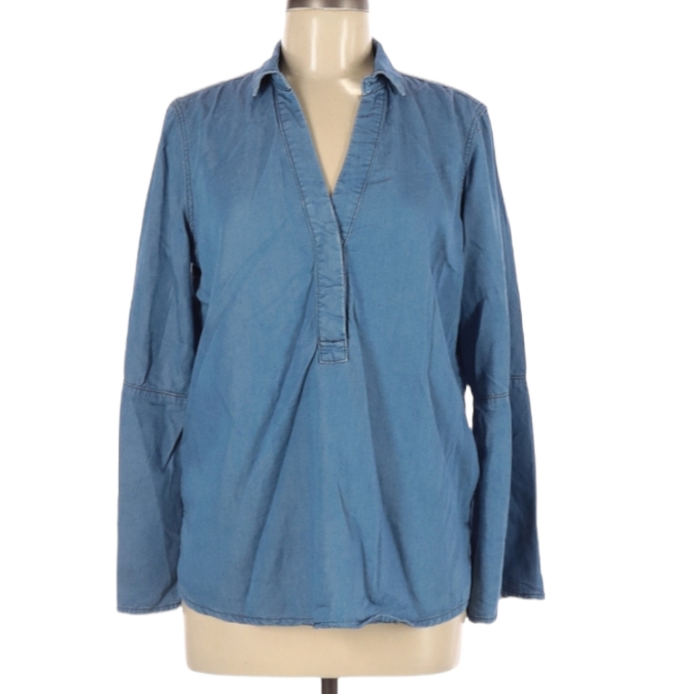 Minkpink Chambray Blouse Size M Blue Long Sleeve Tunic Top V-Neck Collared